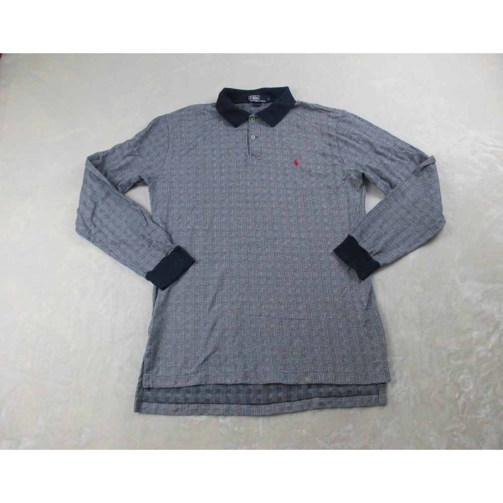 VINTAGE Ralph Lauren Polo Shirt Mens Large Blue Long Sleeve Pony Houndstooth USA